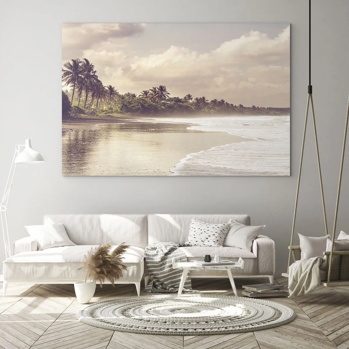 Impression sur verre - Image sur verre - Une plage dorée avec des palmiers et un océan calme dans la douce lumière - 120x80cm - La caresse des vagues - Décoration murale moderne pour le salon et la chambre ARTTOR