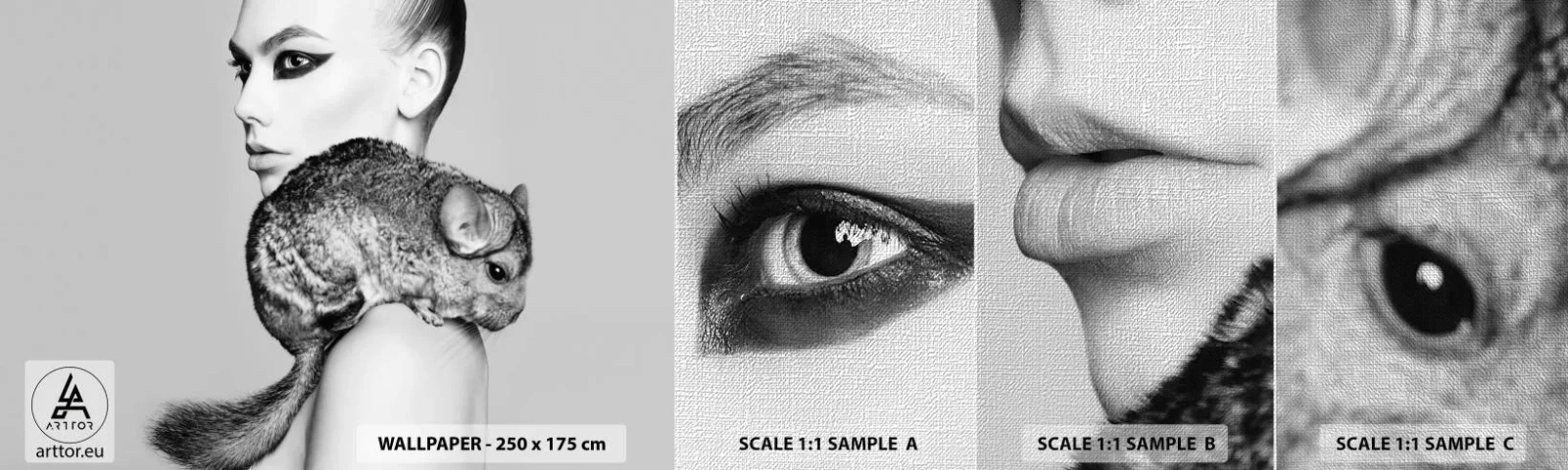 Échantillon de Papier Peint Premium Canvas - Dame au chinchilla - Femme, Femme avec Chinchilla, Modèle - 100x30 cm