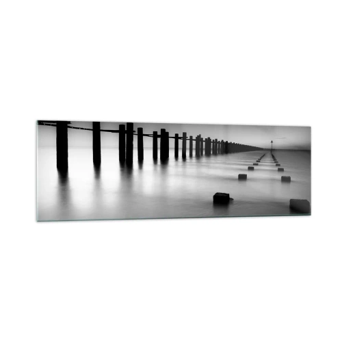 Impression sur verre - Image sur verre - Poteaux en bois et blocs de béton immergés dans l'eau dans des tons noirs et blancs - 160x50cm - Distance grise dans le brouillard - Décoration murale moderne pour le salon et la chambre ARTTOR