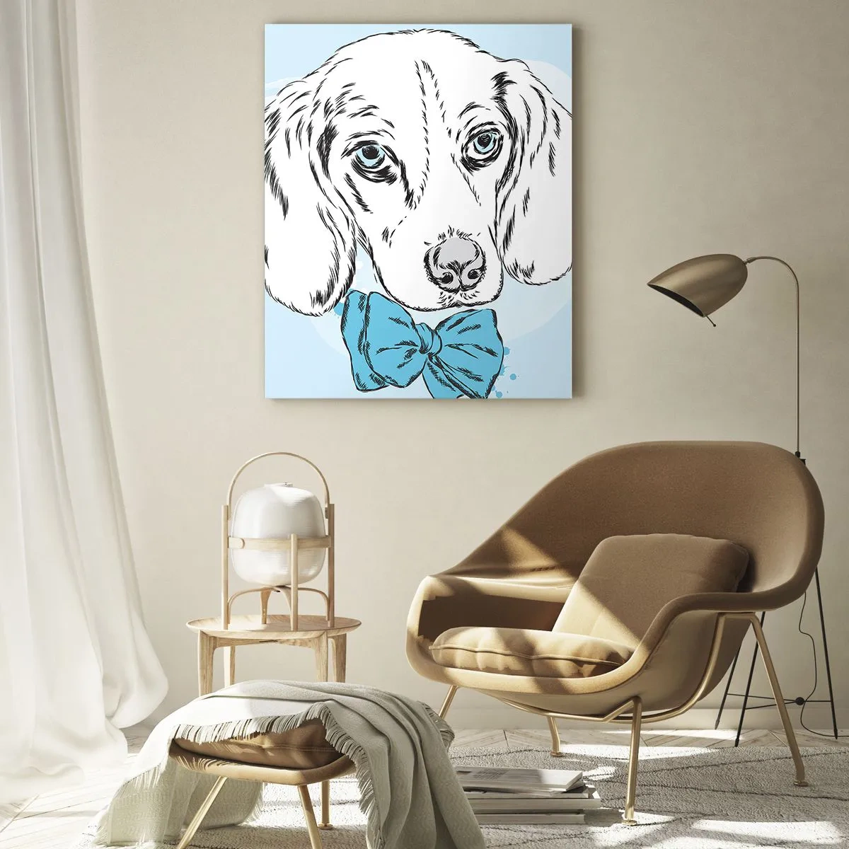 Impression sur verre - Image sur verre - Adorable graphique d'un chien avec un nœud papillon sur un fond pastel - 80x120cm - L'élégance du chien - Décoration murale moderne pour le salon et la chambre ARTTOR