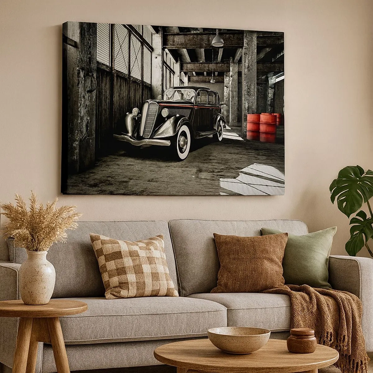 Impression sur toile - Image sur toile - Voiture rétro élégante dans un entrepôt brut - 70x50cm - L'élégance éternelle des années 30 - Décoration murale moderne pour le salon et la chambre ARTTOR