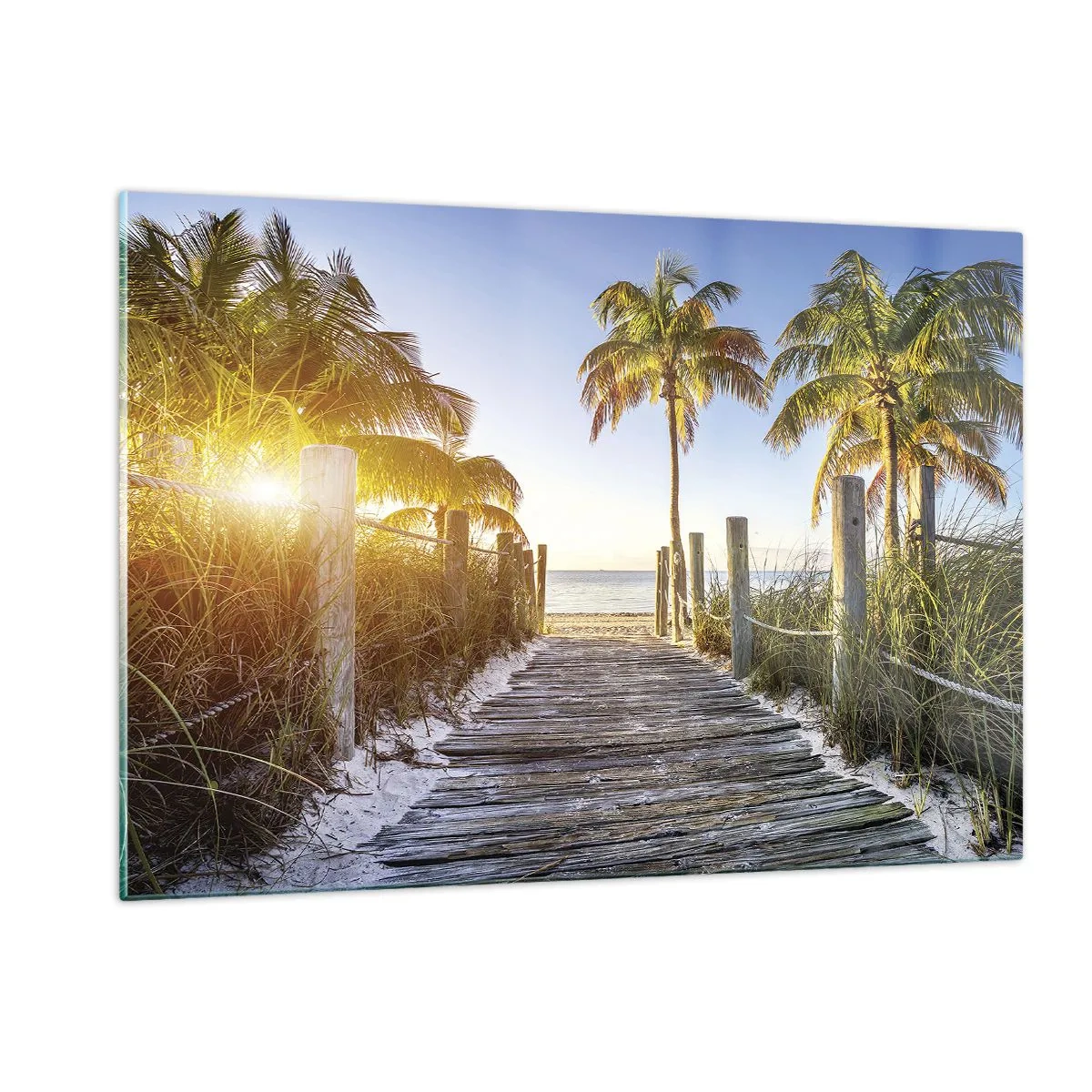 Impression sur verre - Image sur verre - Chemin en bois sur la plage entouré de palmiers - 120x80cm - Directement au paradis - Décoration murale moderne pour le salon et la chambre ARTTOR