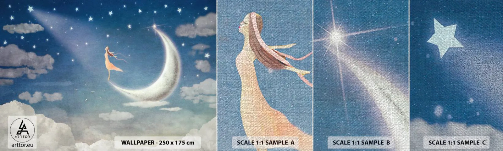 Échantillon de Papier Peint Premium Canvas - Valise bleue - Abstraction, Pour les enfants, Lune - 100x30 cm