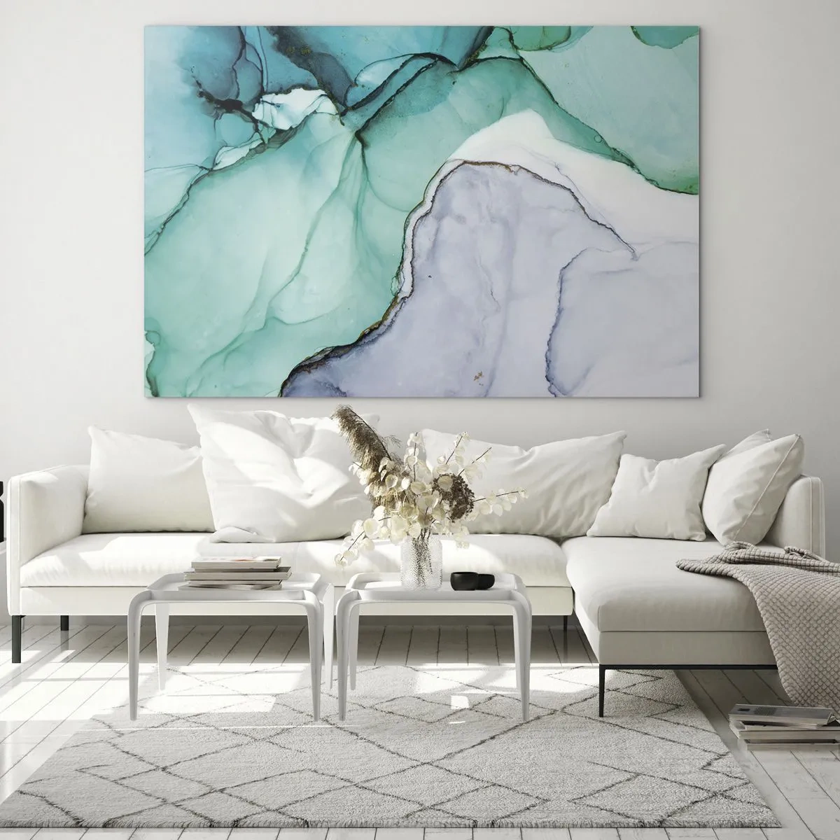 Impression sur verre - Image sur verre - Une peinture abstraite aux tons turquoise et blanc, avec des craquelures délicates. - 70x50cm - Étude de turquoise - Décoration murale moderne pour le salon et la chambre ARTTOR