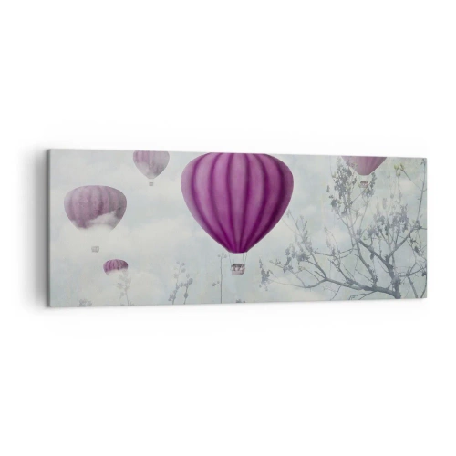 Impression sur toile - Image sur toile - Des ballons violets flottant au-dessus des arbres dans les nuages - 140x50cm - Comme des navires dans le ciel - Décoration murale moderne pour le salon et la chambre ARTTOR