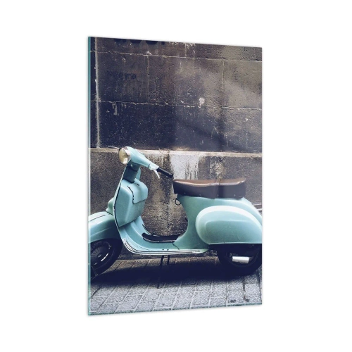 Impression sur verre - Image sur verre - Un scooter bleu contre le mur d'un bâtiment - 50x70cm - Ambiance inoubliable - Décoration murale moderne pour le salon et la chambre ARTTOR