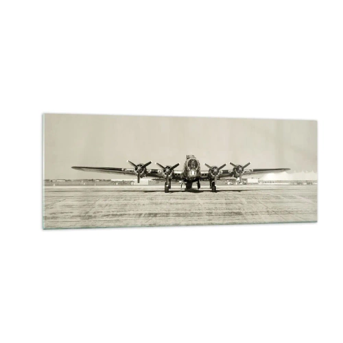 Impression sur verre - Image sur verre - Avion historique à l'aéroport en sépia - 140x50cm - Toujours prêt! - Décoration murale moderne pour le salon et la chambre ARTTOR