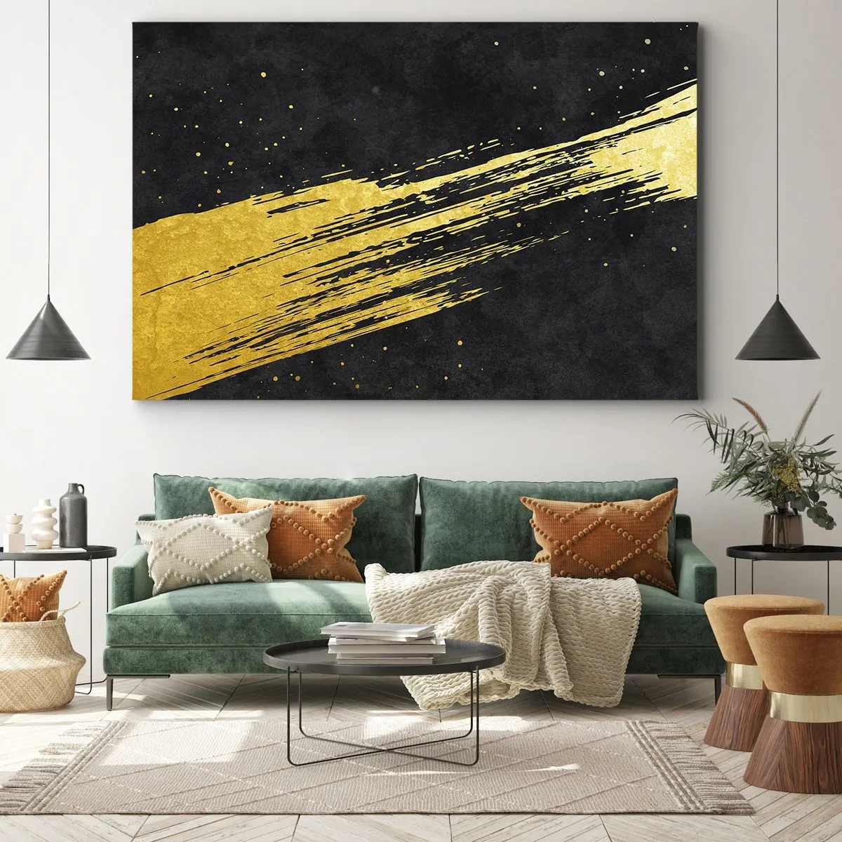 Impression sur toile - Image sur toile - Fond noir avec des coups de pinceau dorés dynamiques - 120x80cm - Sautez dans l'hyperespace - Décoration murale moderne pour le salon et la chambre ARTTOR