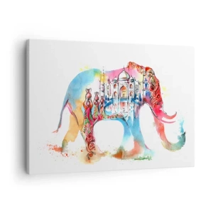 Impression sur toile - Image sur toile - Aquarelle colorée d'un éléphant avec un motif du Taj Mahal - 70x50cm - Inde - l'aura de l'amour - Décoration murale moderne pour le salon et la chambre ARTTOR