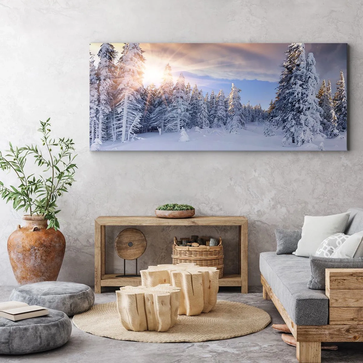 Impression sur toile - Image sur toile - Paysage d'hiver avec une forêt enneigée au coucher du soleil - 160x50cm - Un spectacle enneigé de la nature - Décoration murale moderne pour le salon et la chambre ARTTOR