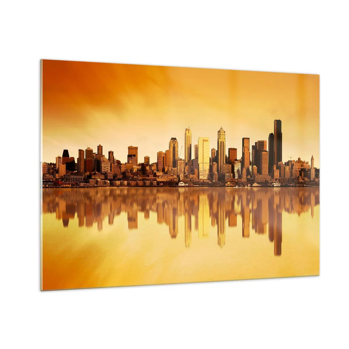 Impression sur verre - Image sur verre - Panorama de la ville dans la lumière dorée du coucher du soleil - 100x70cm - Le silence de la métropole - Décoration murale moderne pour le salon et la chambre ARTTOR