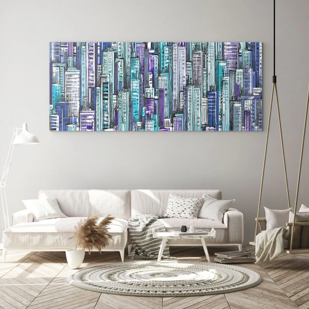 Impression sur verre - Image sur verre - Illustration d'une ville avec des bâtiments géométriques dans des tons de bleu et de violet. - 160x50cm - Bleuâtre avec le ciel - Décoration murale moderne pour le salon et la chambre ARTTOR