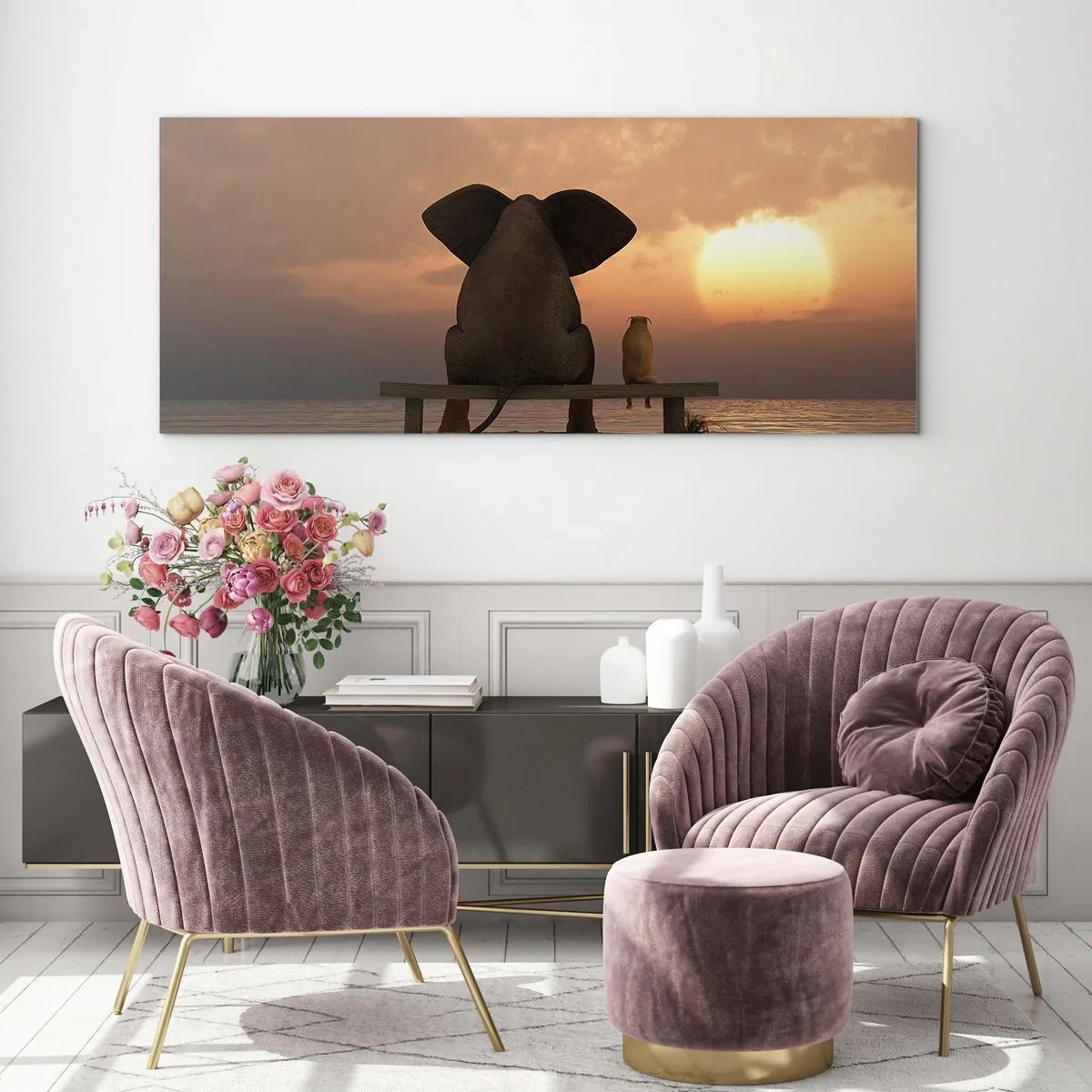 Impression sur verre - Image sur verre - Un éléphant et un chien sont assis sur un banc sur la plage au coucher du soleil. - 120x50cm - C'est bon de garder le silence ensemble - Décoration murale moderne pour le salon et la chambre ARTTOR