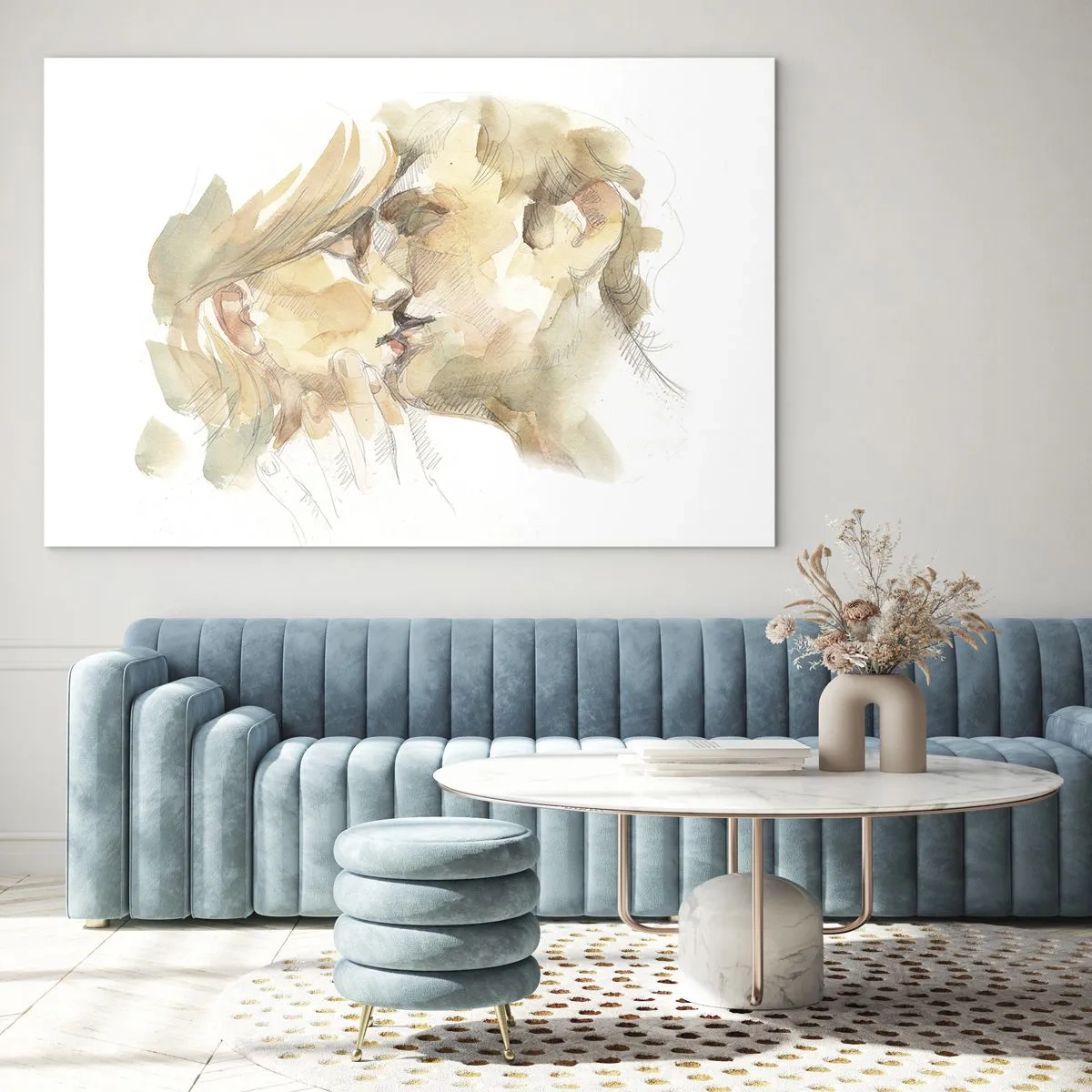 Impression sur verre - Image sur verre - Aquarelle romantique représentant un baiser d'amoureux - 100x70cm - A moitié trouvé ? - Décoration murale moderne pour le salon et la chambre ARTTOR