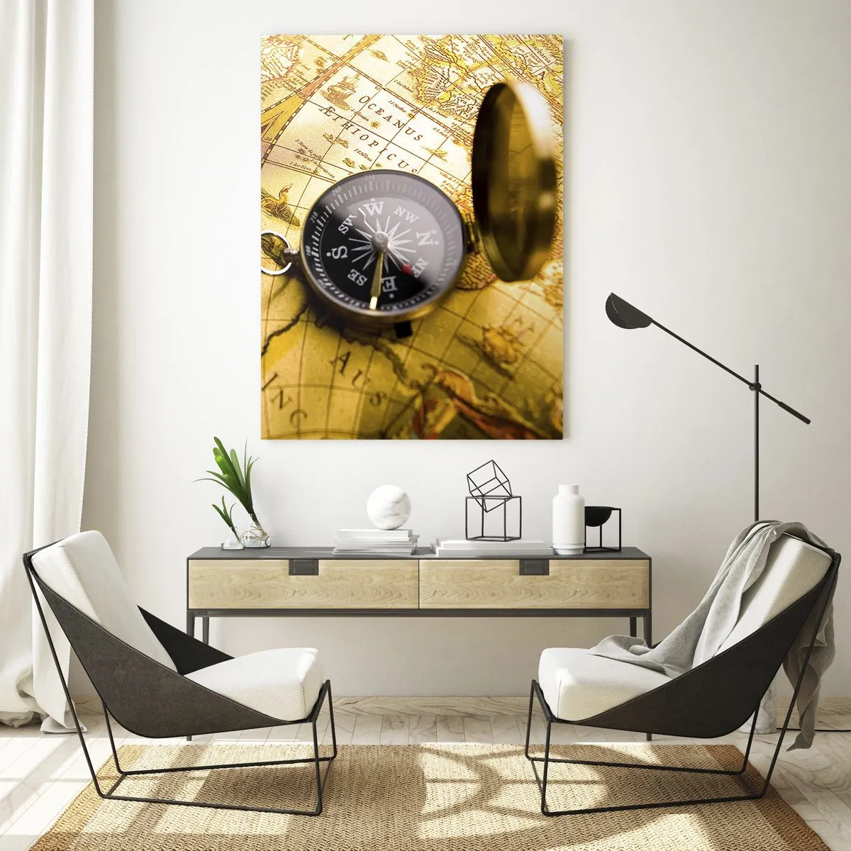 Impression sur verre - Image sur verre - Une boussole antique sur fond d'une vieille carte du monde - 80x120cm - Ou peut-être jusqu'au bout du monde ? - Décoration murale moderne pour le salon et la chambre ARTTOR