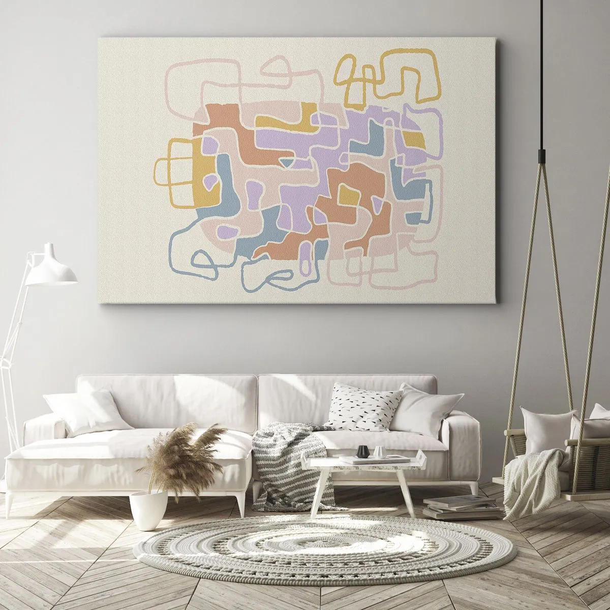 Impression sur toile - Image sur toile - Lignes abstraites pastel créant des motifs géométriques - 100x70cm - Labyrinthe – une aventure joyeuse - Décoration murale moderne pour le salon et la chambre ARTTOR