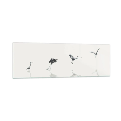 Impression sur verre - Image sur verre - Quatre silhouettes d'oiseaux se reflètent dans l'eau calme - 160x50cm - Quatre étapes simples - Décoration murale moderne pour le salon et la chambre ARTTOR