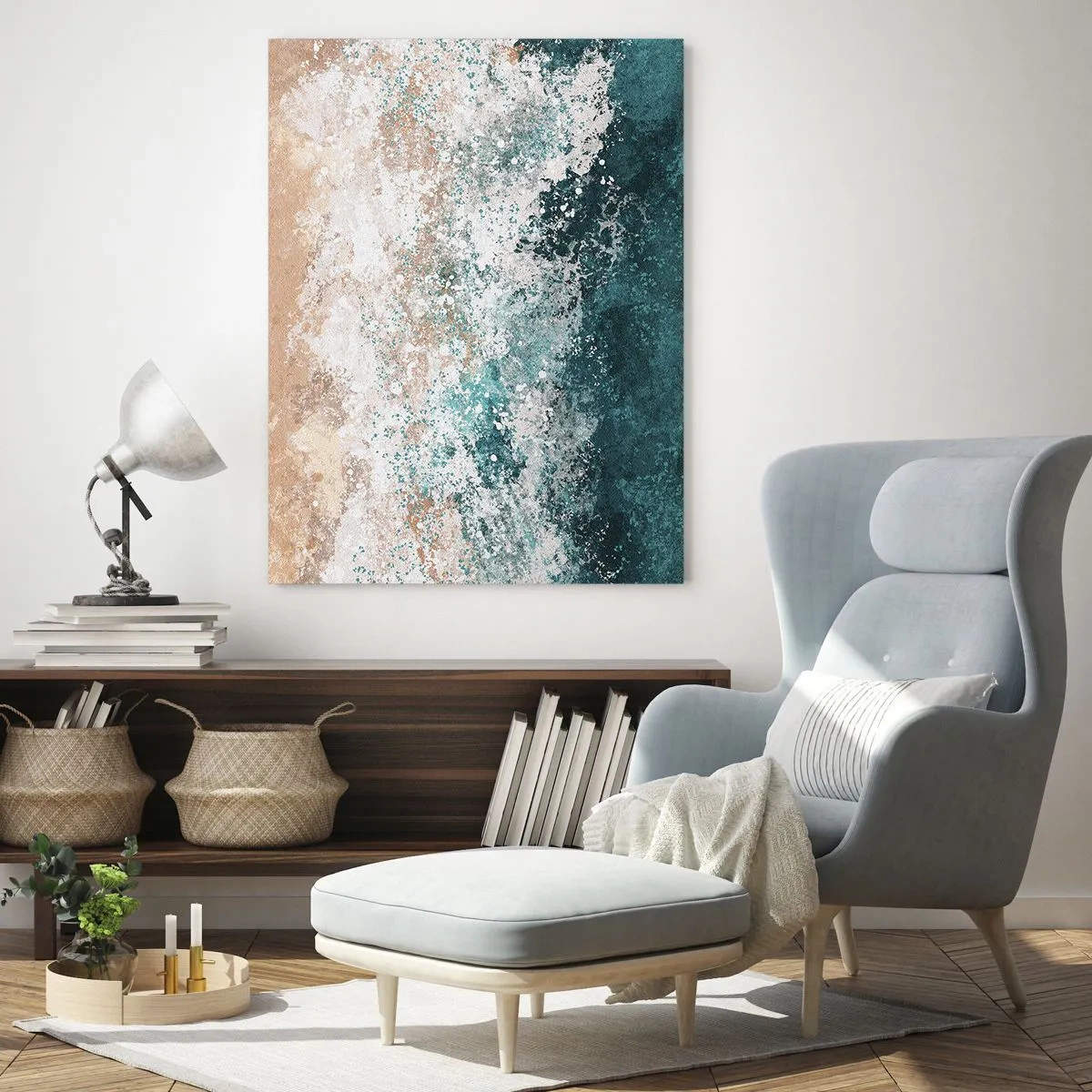 Impression sur verre - Image sur verre - Vague de mer abstraite dans des tons turquoise et beige - 80x120cm - Histoires de la mer - Décoration murale moderne pour le salon et la chambre ARTTOR