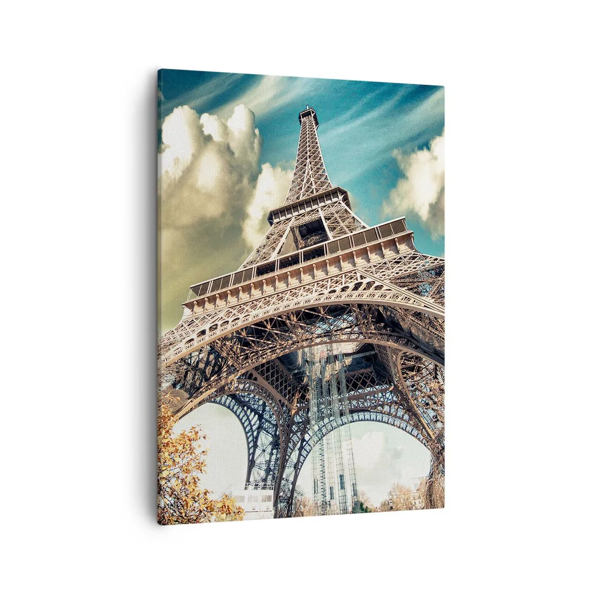 Impression sur toile - Image sur toile - La Tour Eiffel vue d'en bas dans un décor automnal - 50x70cm - Et en automne à Paris... - Décoration murale moderne pour le salon et la chambre ARTTOR