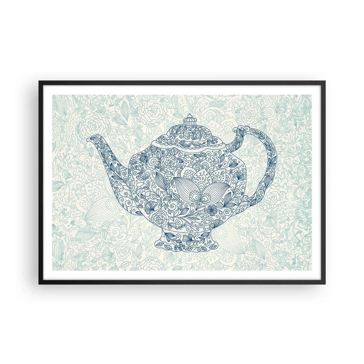 Affiche dans un cadre noir - Poster - Dessin décoratif d'une théière avec des ornements bleus - 100x70cm - Le charme du thé - Décoration murale moderne pour le salon et la chambre ARTTOR