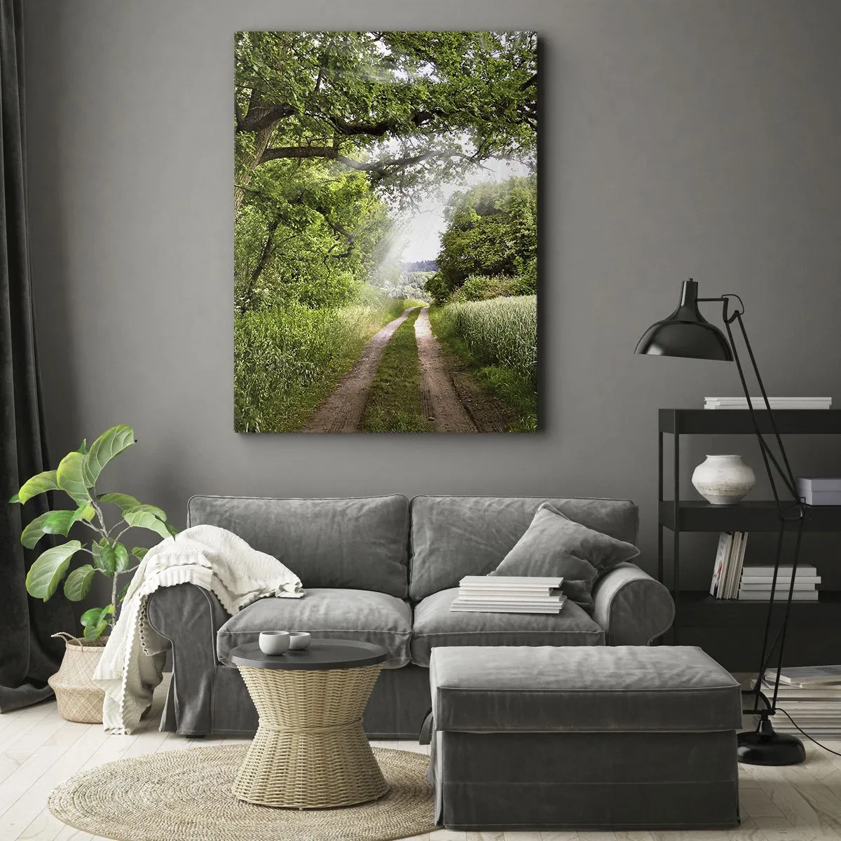 Impression sur toile - Image sur toile - Un chemin de terre parmi les arbres verts et la lumière du soleil - 80x120cm - Et in Arcadia ego - Décoration murale moderne pour le salon et la chambre ARTTOR