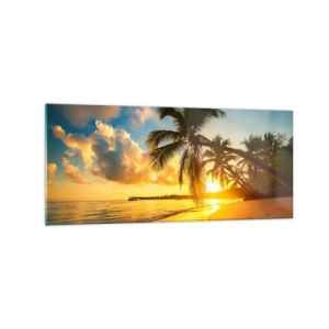 Impression sur verre - Image sur verre - Plage au coucher du soleil avec des palmiers au bord de la mer - 120x50cm - Rêve caribéen - Décoration murale moderne pour le salon et la chambre ARTTOR