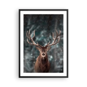 Affiche dans un cadre noir - Poster - Portrait d'un cerf aux bois impressionnants sur fond de forêt hivernale - 50x70cm - Roi de la forêt couronné - Décoration murale moderne pour le salon et la chambre ARTTOR