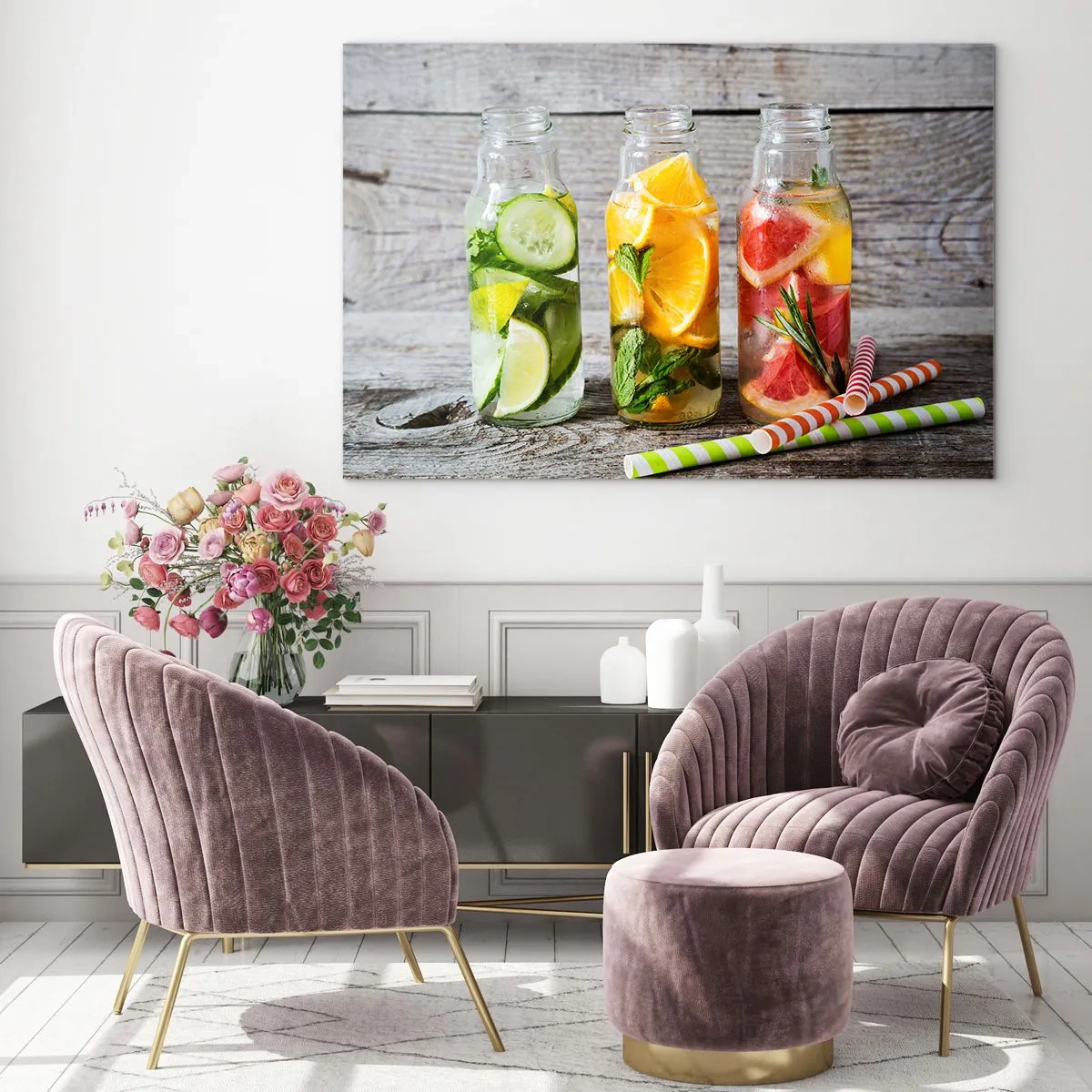 Impression sur verre - Image sur verre - Bouteilles d'eau fruitée et d'herbes sur fond de bois - 70x50cm - Sain par nature - Décoration murale moderne pour le salon et la chambre ARTTOR
