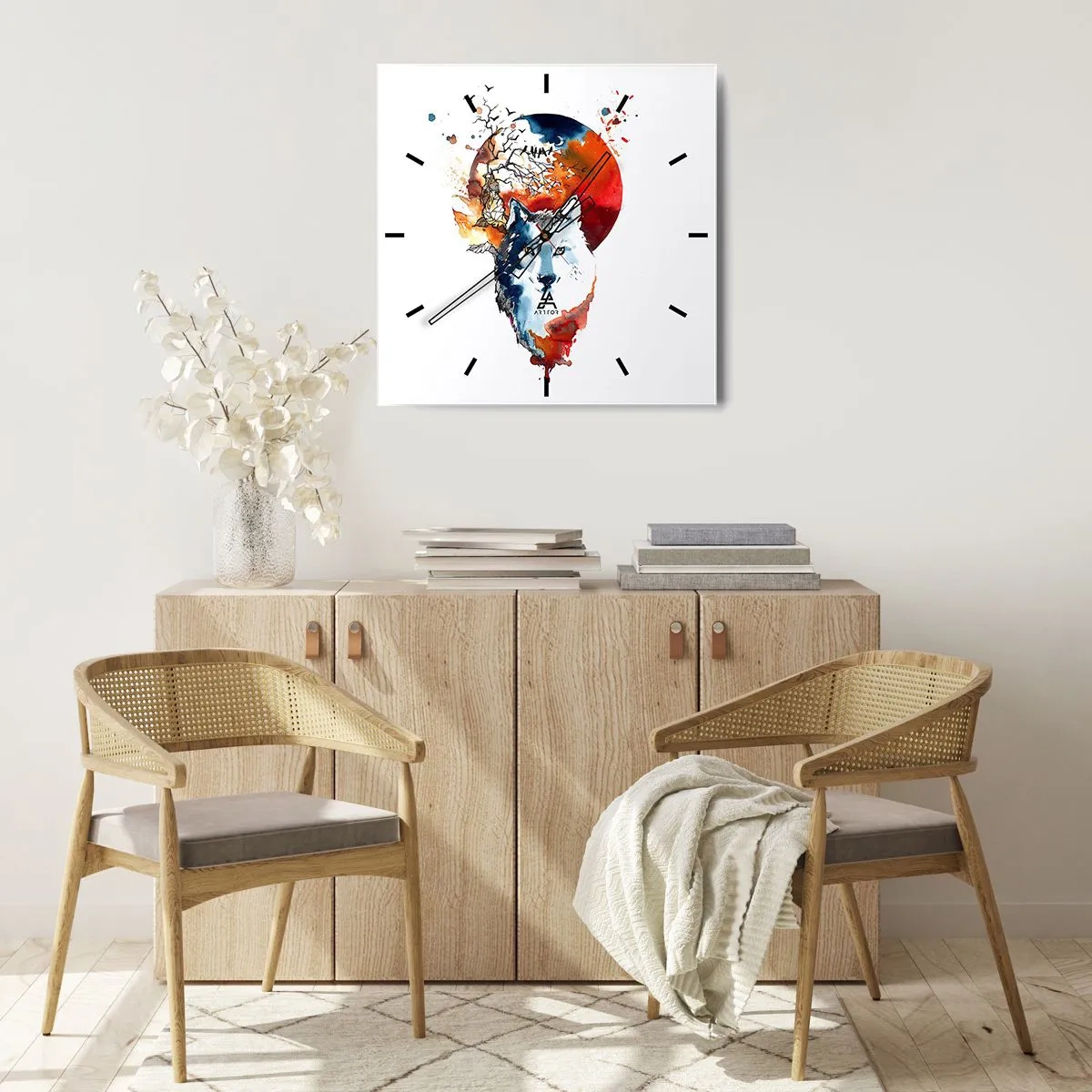 Horloge murale - Pendule murale - Aquarelle abstraite d'un loup sur fond de lune rouge - 30x30cm - Nez à nez avec la nuit - Décoration murale moderne pour le salon et la chambre ARTTOR