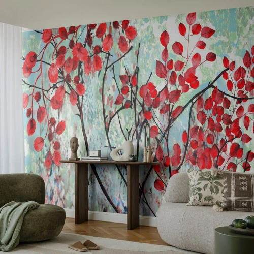 Papier Peint Photo Premium Canvas - Arbre en écarlate - Abstraction, Feuilles rouges, Bifurquer - 300x210 cm