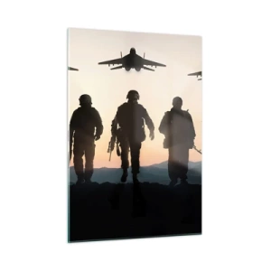 Impression sur verre - Image sur verre - Soldats sur fond de soleil couchant et de jets - 50x70cm - Bienvenue dans notre monde - Décoration murale moderne pour le salon et la chambre ARTTOR