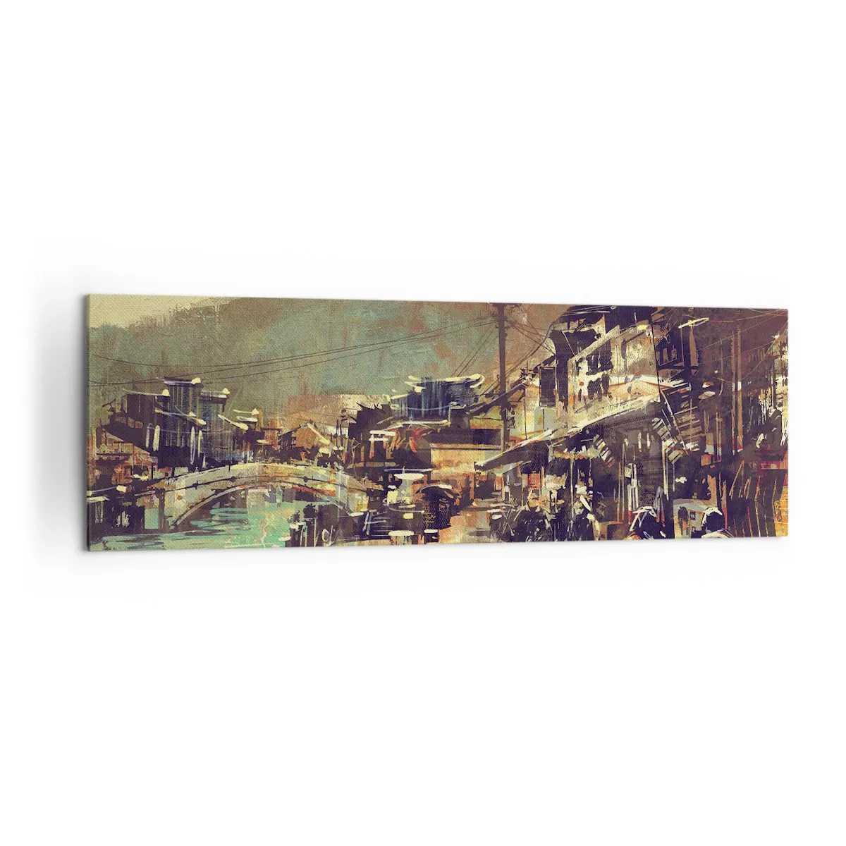 Impression sur toile - Image sur toile - Une ville avec un pont et des rues au style artistique - 160x50cm - La vie comme une richesse de gris - Décoration murale moderne pour le salon et la chambre ARTTOR