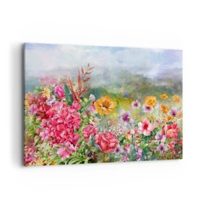Impression sur toile - Image sur toile - Une composition colorée de fleurs sur un fond de paysage aux couleurs pastel - 120x80cm - Un jardin devenu fou - Décoration murale moderne pour le salon et la chambre ARTTOR