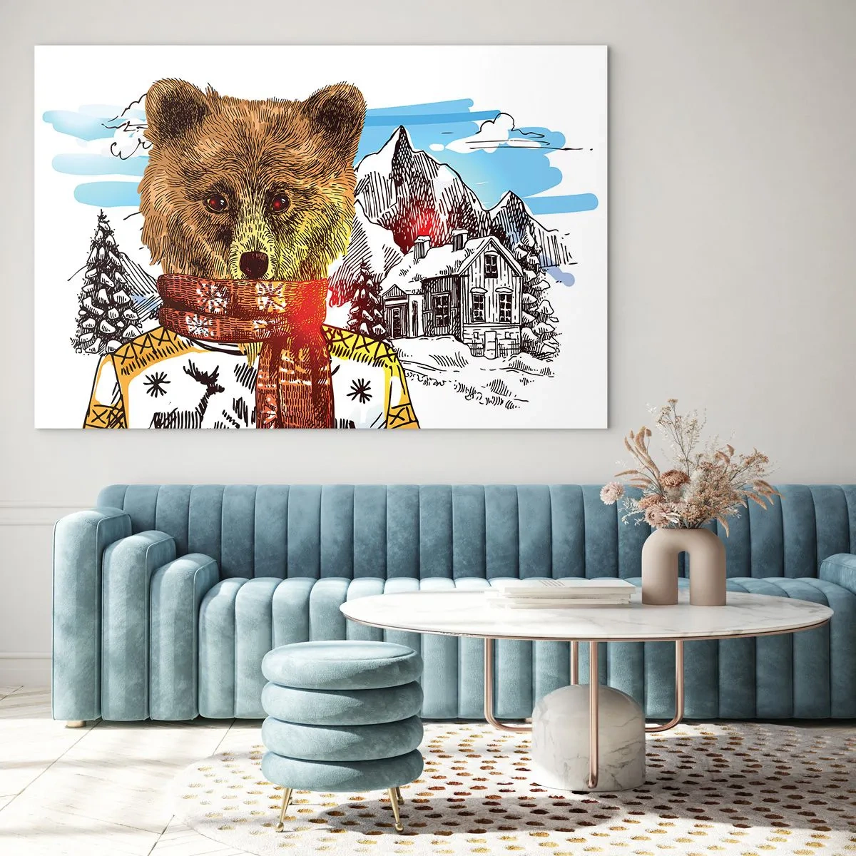 Impression sur verre - Image sur verre - Un ours en pull et écharpe avec des montagnes et une maison en arrière-plan. - 100x70cm - La cabane aux ours - Décoration murale moderne pour le salon et la chambre ARTTOR
