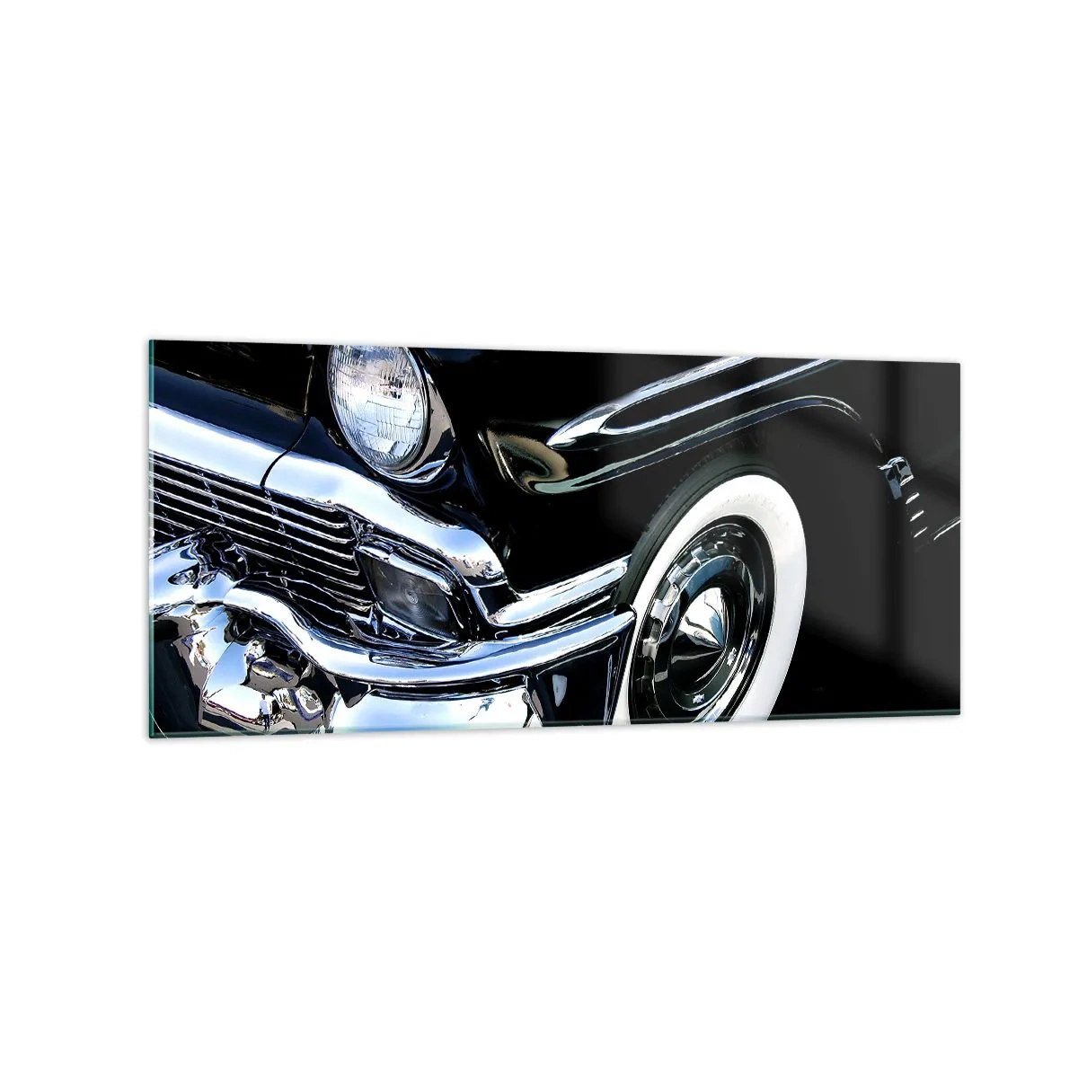 Impression sur verre - Image sur verre - Gros plan du phare et du garde-boue d'une voiture classique noire - 120x50cm - Classique en argent, noir et blanc - Décoration murale moderne pour le salon et la chambre ARTTOR