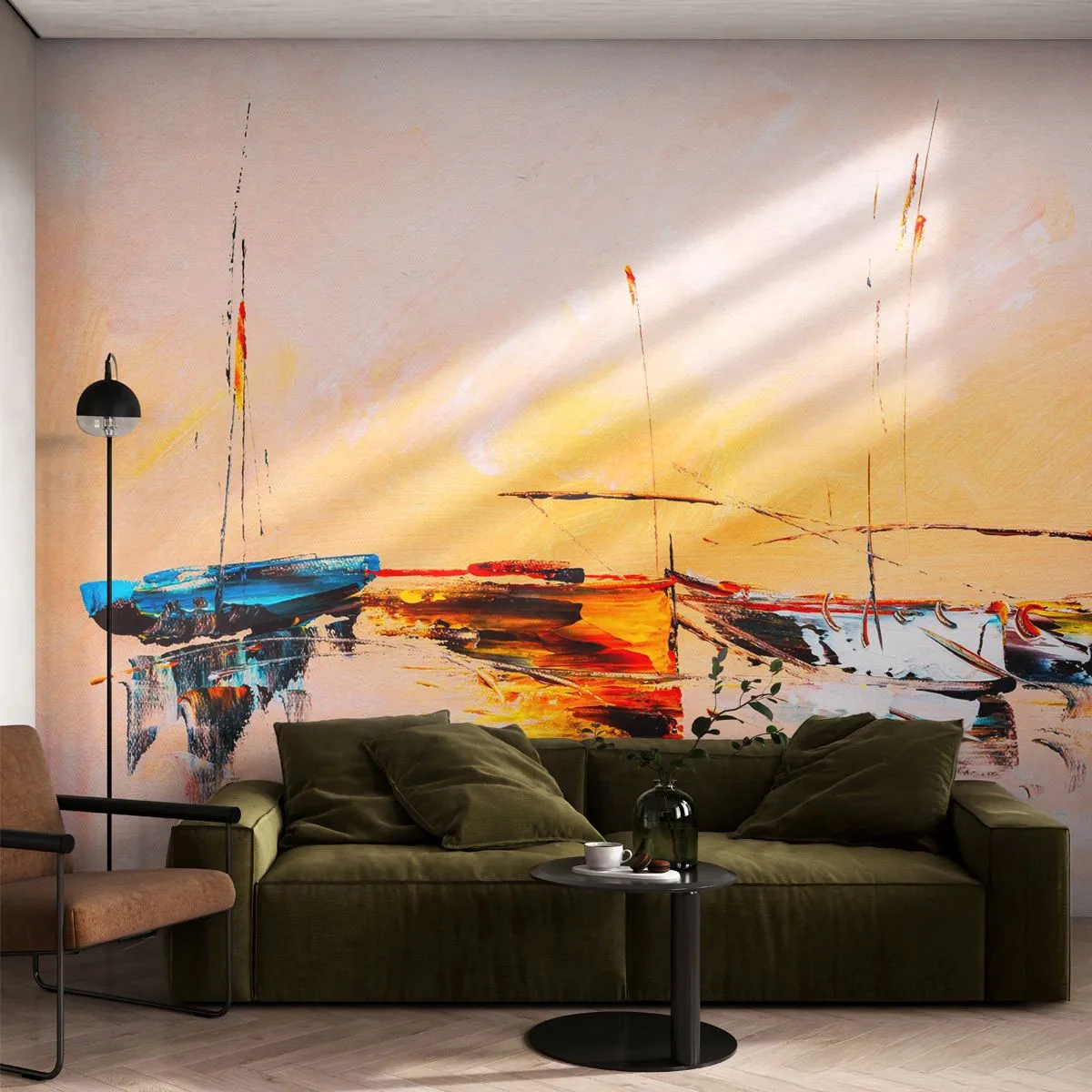 Papier Peint Photo Premium Sand - Bateaux colorés sur l'eau à la lumière du soleil couchant - 100x70cm - Soirée à la marina - Décoration murale moderne pour le salon et la chambre ARTTOR