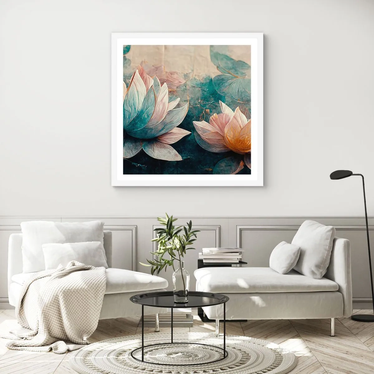 Affiche dans un cadre blanc - Poster - Les étoiles du lac - 60x60 cm