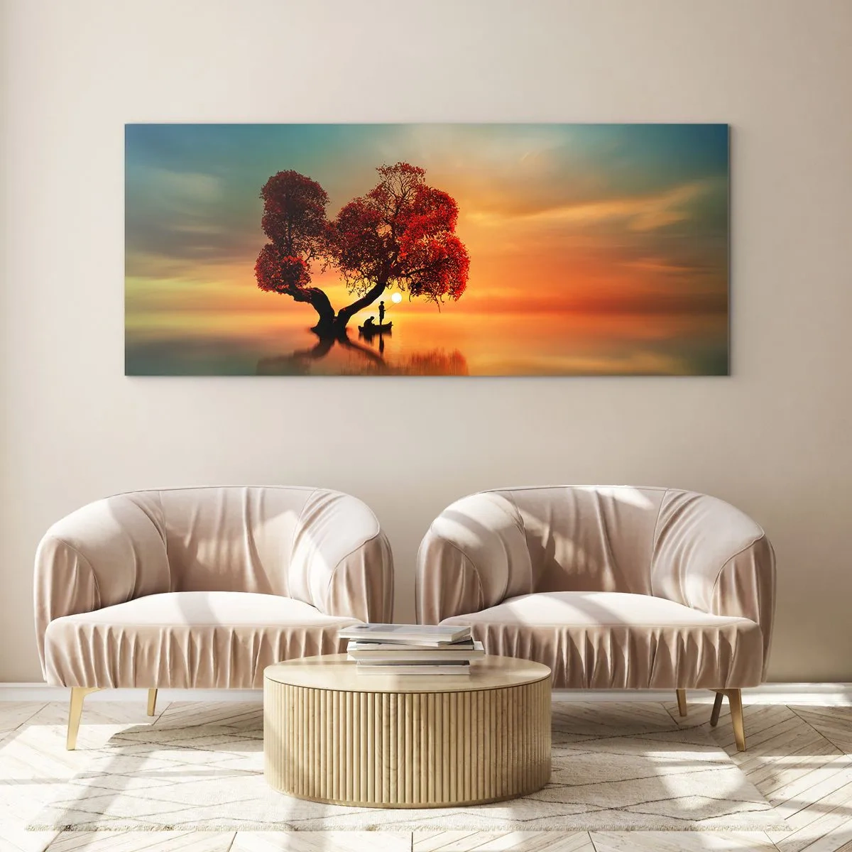 Impression sur verre - Image sur verre - Un arbre à feuilles rouges et un bateau sur l'eau au coucher du soleil - 120x50cm - Plénitude et éloignement sans monde - Décoration murale moderne pour le salon et la chambre ARTTOR