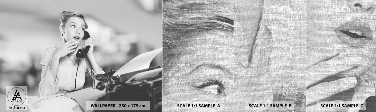 Échantillon de Papier Peint Premium Canvas - Hello! Ici les années 50 - Ancien, Noir et blanc, Rétro - 100x30 cm