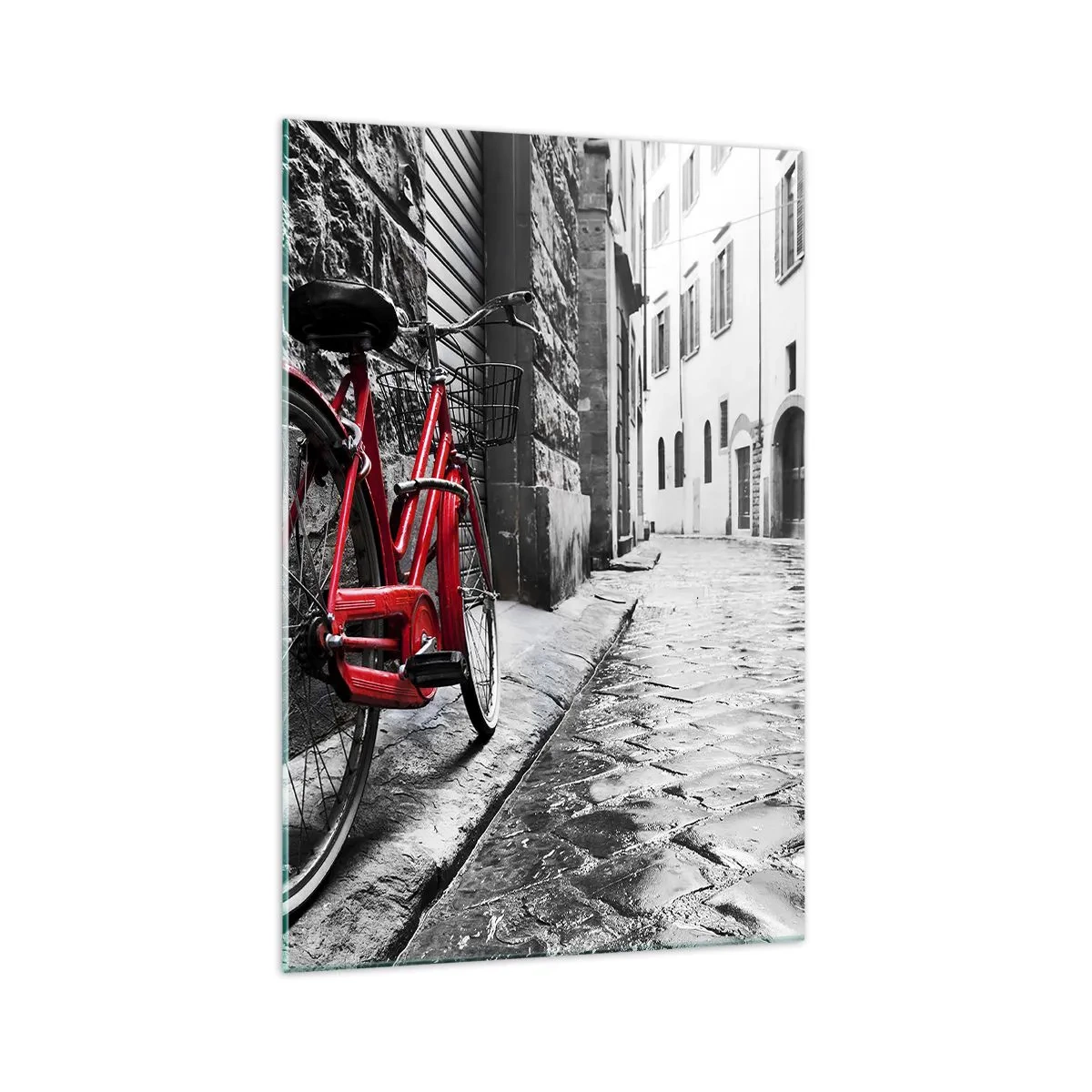Impression sur verre - Image sur verre - Vélo rouge dans une rue en noir et blanc - 70x100cm - La vraie beauté ne vieillit pas - Décoration murale moderne pour le salon et la chambre ARTTOR