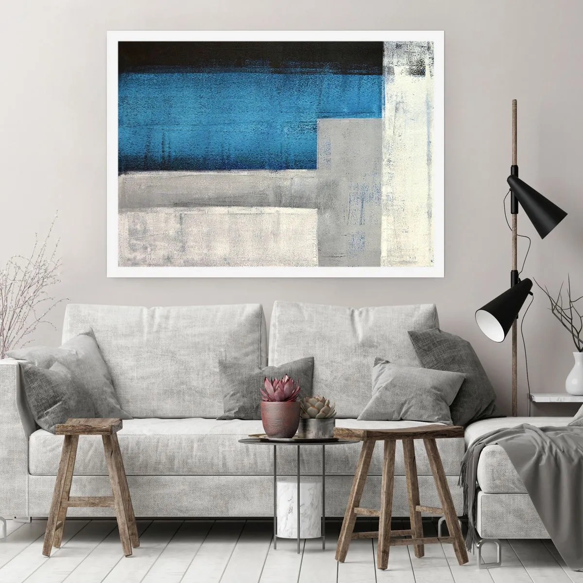 Affiche - Poster - Une composition abstraite avec des nuances de bleu, de gris et de blanc. - 100x70cm - Une composition poétique de gris et de bleu - Décoration murale moderne pour le salon et la chambre ARTTOR