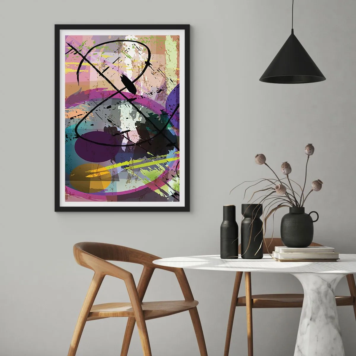 Affiche dans un cadre noir - Poster - Composition abstraite avec des formes géométriques - 50x70cm - Vous pouvez aller tout droit ou autour - Décoration murale moderne pour le salon et la chambre ARTTOR