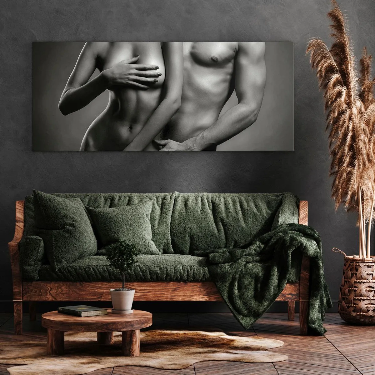 Impression sur toile - Image sur toile - Représentation en noir et blanc de corps féminins et masculins dans une pose artistique - 120x50cm - Adam et Eve - Décoration murale moderne pour le salon et la chambre ARTTOR