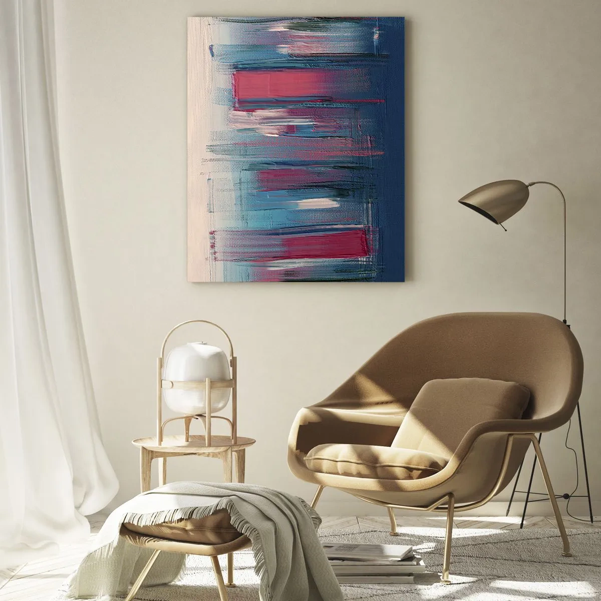 Impression sur verre - Image sur verre - Coups de pinceau verticaux en rouge et bleu sur fond beige - 50x70cm - Composition verticale en bleu et rouge - Décoration murale moderne pour le salon et la chambre ARTTOR