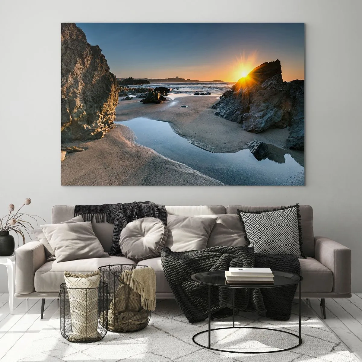 Impression sur verre - Image sur verre - Plage au lever du soleil avec des rochers et de l'eau pittoresques - 70x50cm - Intouché par la main de l'homme - Décoration murale moderne pour le salon et la chambre ARTTOR