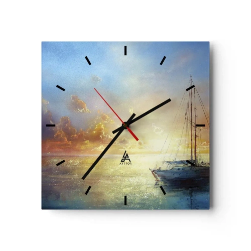 Horloge murale - Pendule murale - Un yacht sur une mer calme au coucher du soleil - 30x30cm - Dans une baie dorée - Décoration murale moderne pour le salon et la chambre ARTTOR
