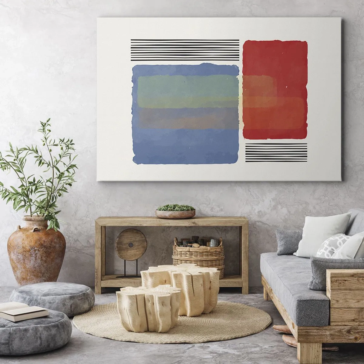 Impression sur toile - Image sur toile - Composition géométrique avec des blocs et des lignes colorés - 100x70cm - Esprit et lettre de la géométrie - Décoration murale moderne pour le salon et la chambre ARTTOR