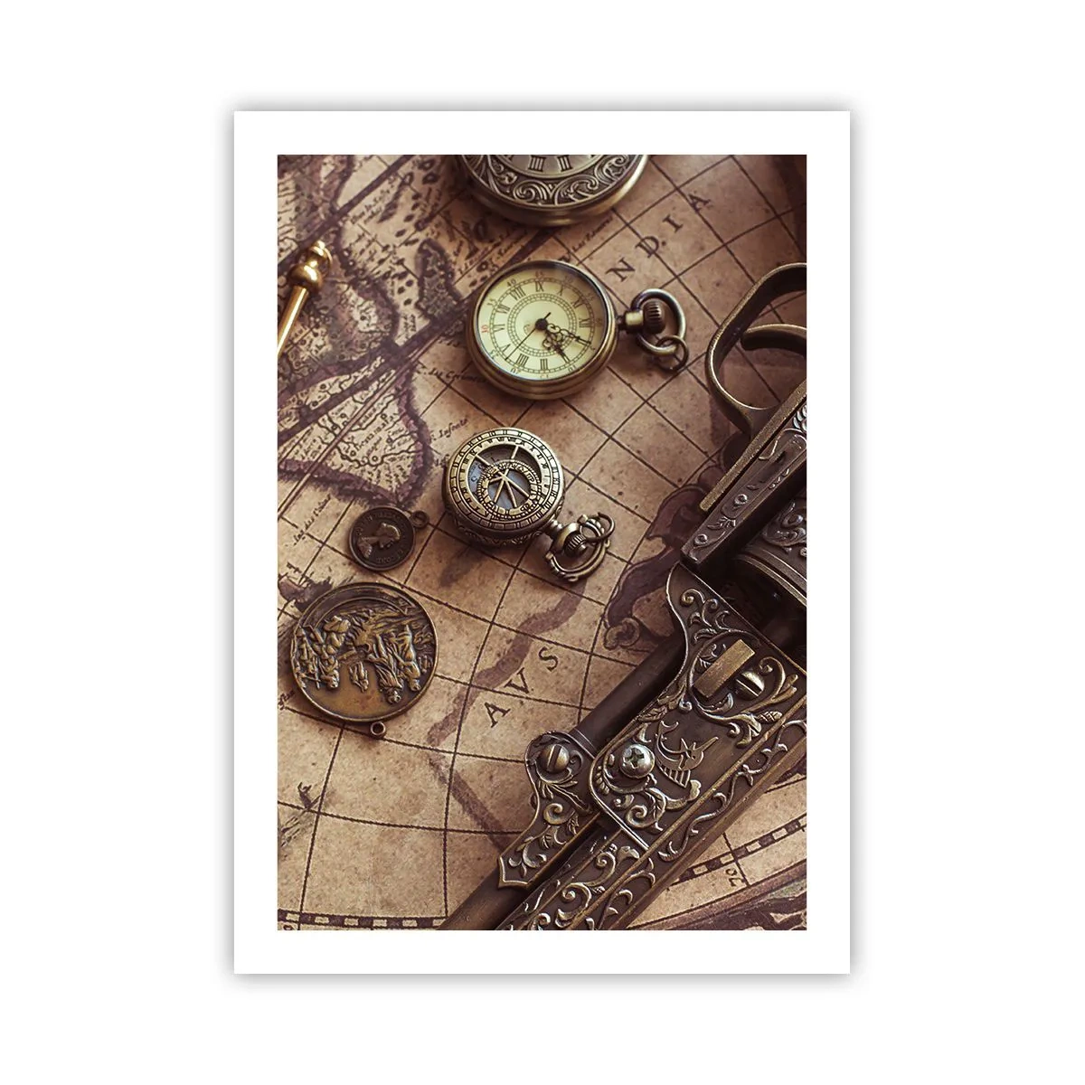 Affiche - Poster - Une boussole, une carte et des objets anciens symbolisant l'aventure - 50x70cm - L'aventure appelle - Décoration murale moderne pour le salon et la chambre ARTTOR
