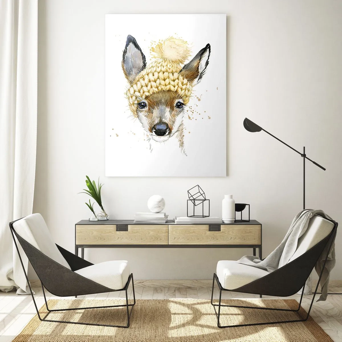 Impression sur verre - Image sur verre - Cerf aquarelle avec une casquette jaune - 80x120cm - Pour l'hiver dans la forêt enneigée - Décoration murale moderne pour le salon et la chambre ARTTOR