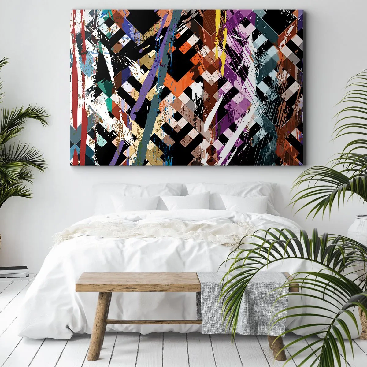 Impression sur toile - Image sur toile - Composition abstraite avec des lignes colorées sur fond noir - 100x70cm - Se mettre au carré - Décoration murale moderne pour le salon et la chambre ARTTOR